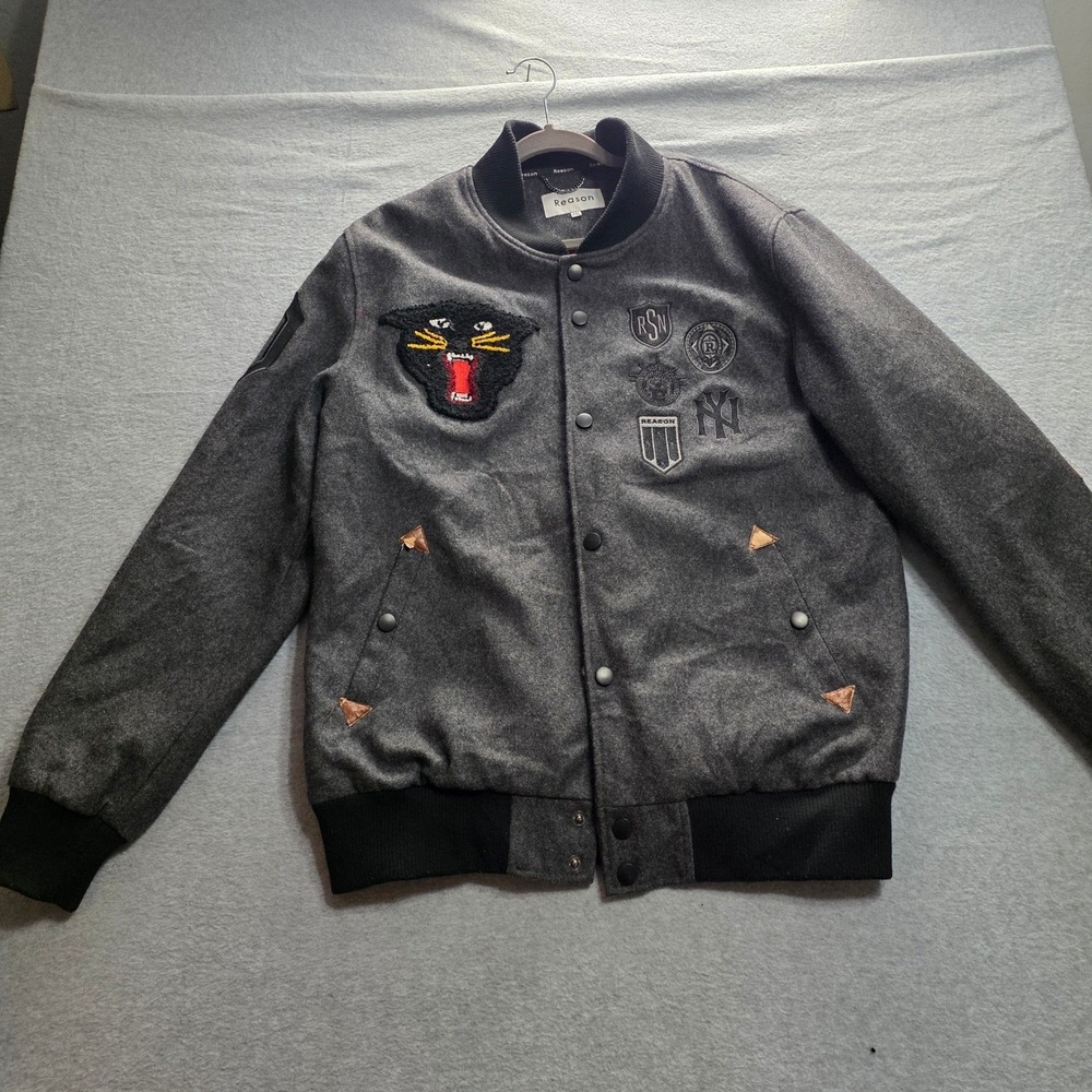 Reason Mens XXL Varsity Bomber Jacket Grey Panther Patch Wool Blend Streetwear‎